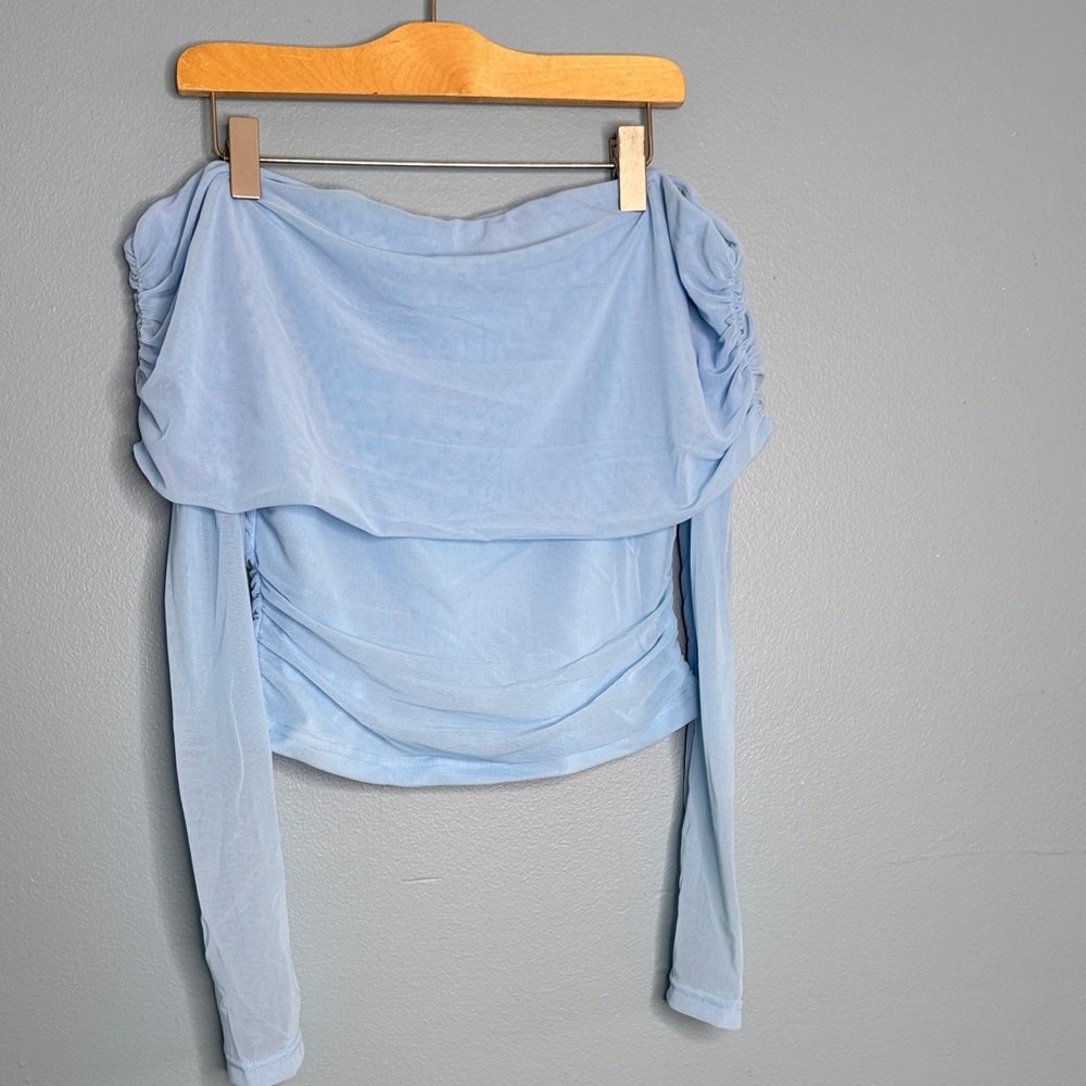 BTFBM- Light Blue Off-Shoulder Ruched Long Sleeve Top
